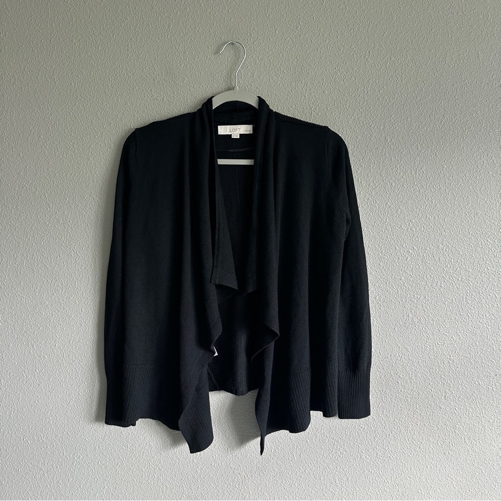 Loft Merino Wool Black Draped Cardigan Sweater Small Petite